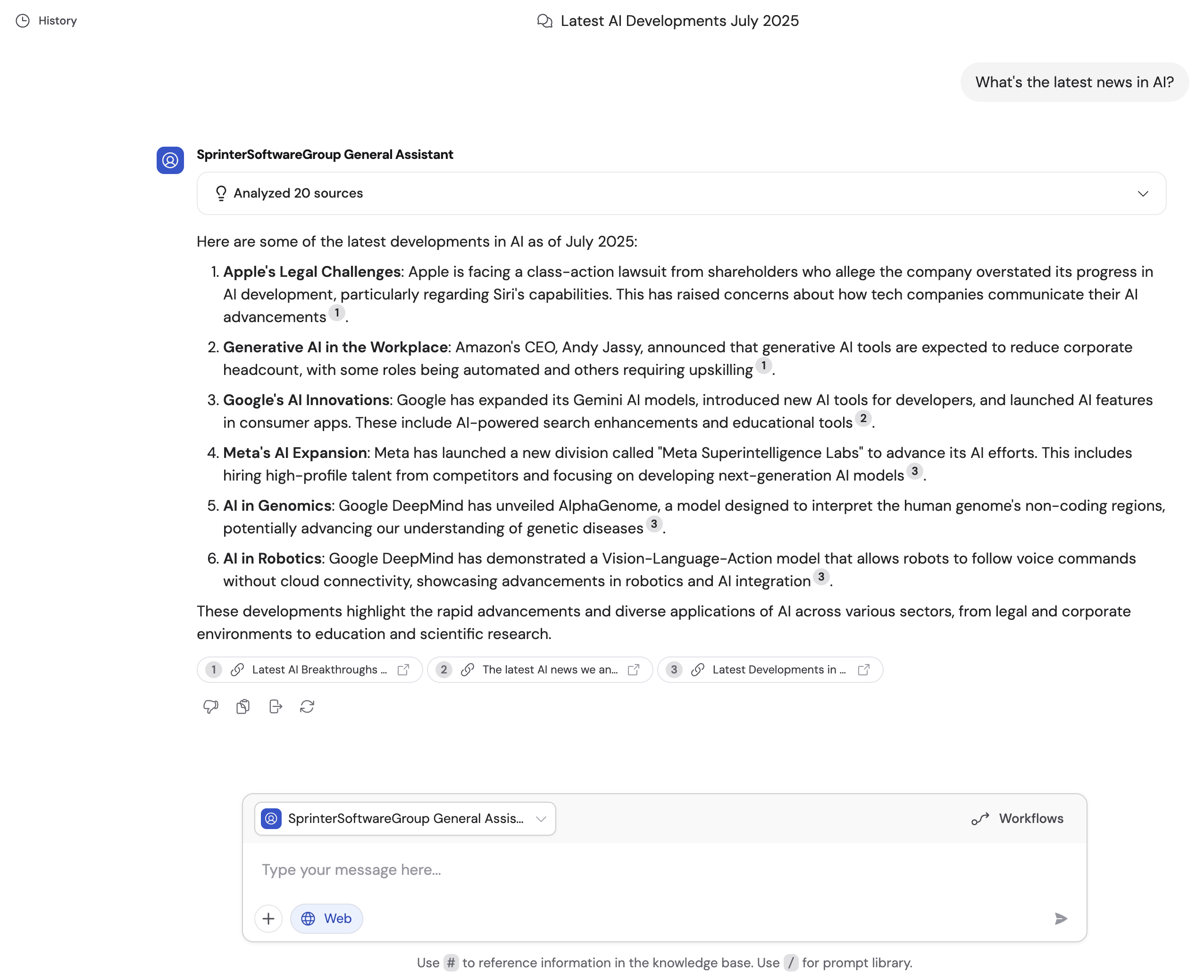 Agent response showing web search results with numbered source citations