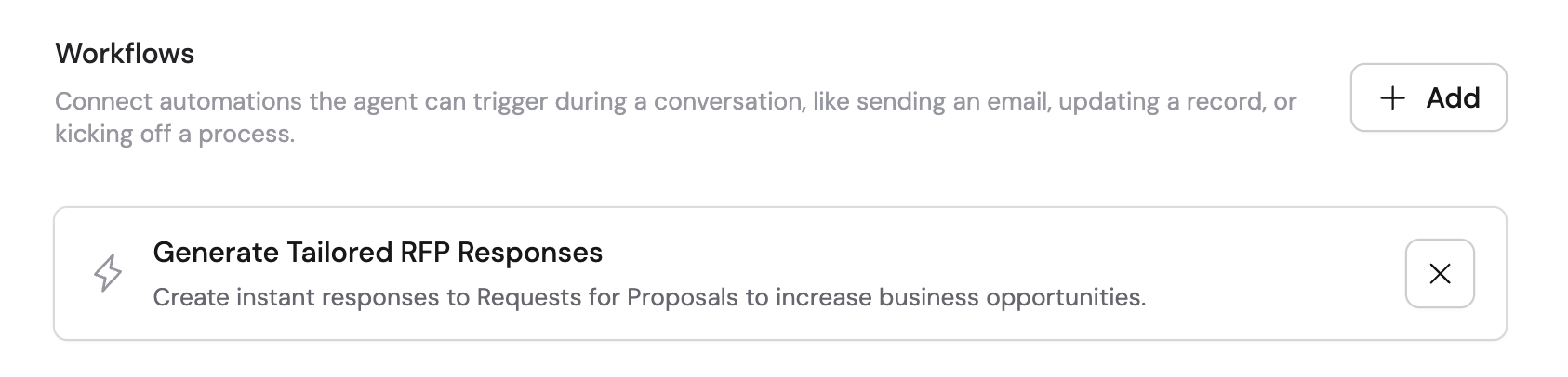 Workflows section in the Agent editor with an added Workflow