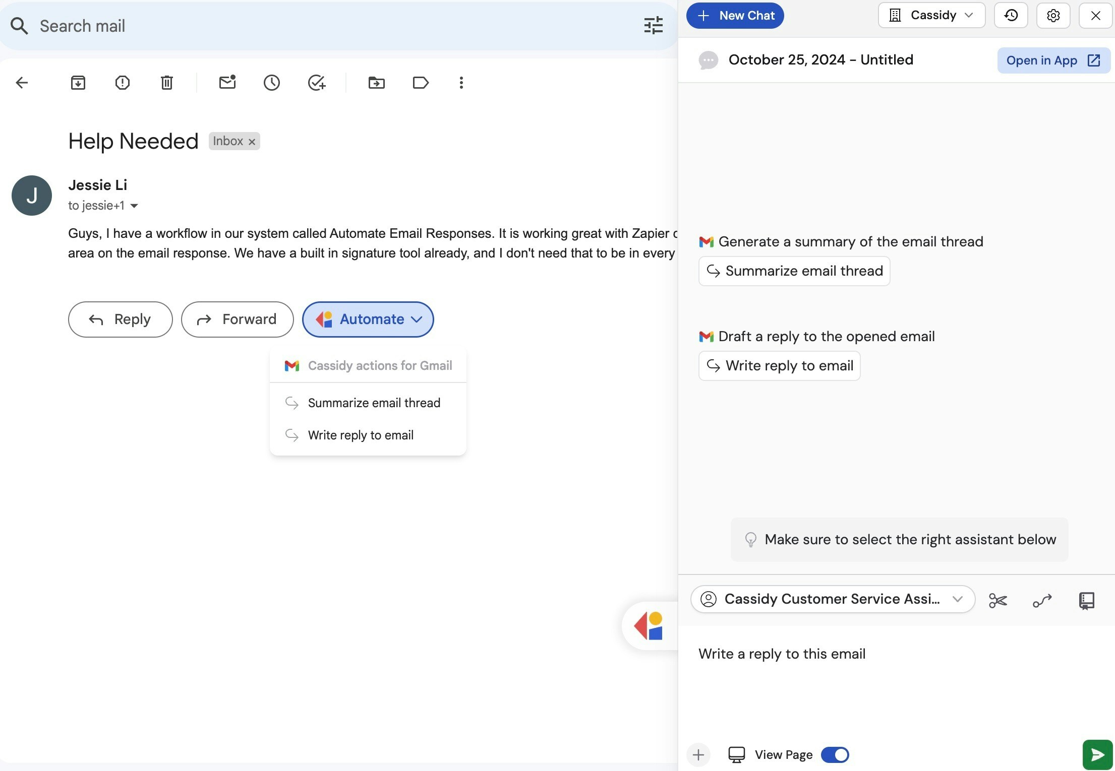 Cassidy Automate button next to Gmail reply options with a suggested prompt in the chat panel