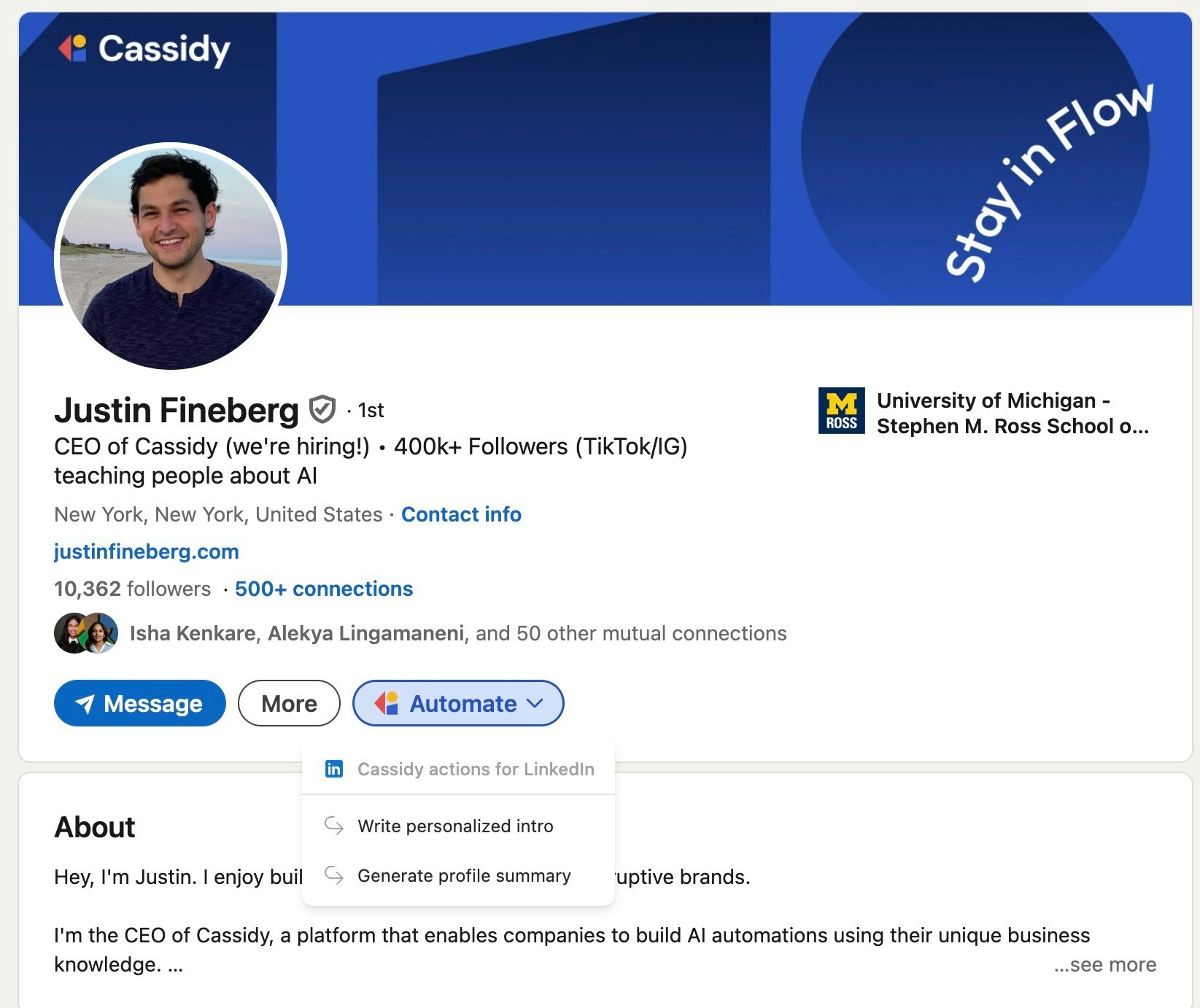 Cassidy Automate button on LinkedIn with a suggested message prompt