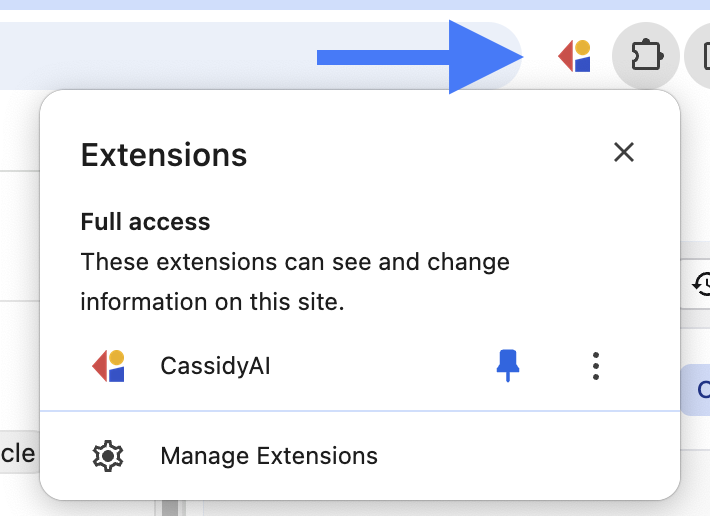 Extensions menu showing the pin icon next to Cassidy