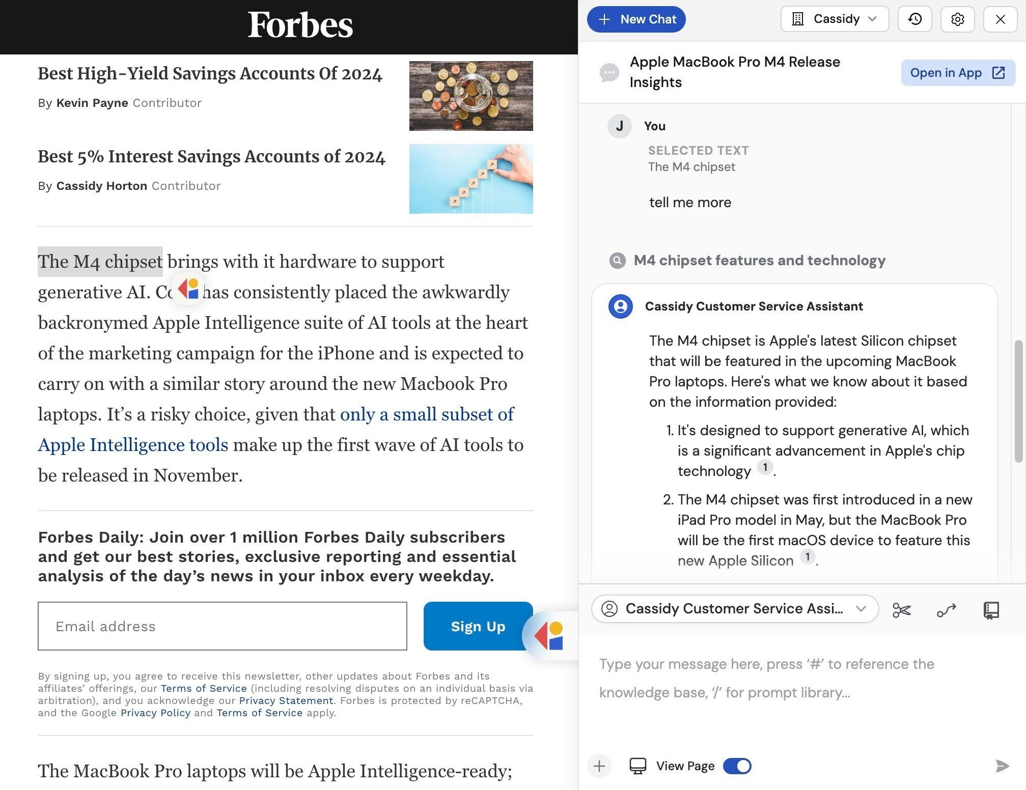 Cassidy chat panel opened with highlighted text from a webpage