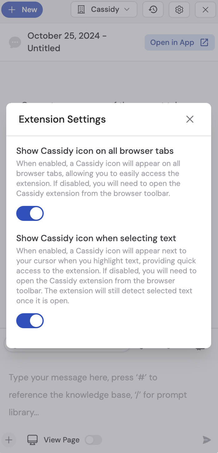 Cassidy extension settings with display toggle options
