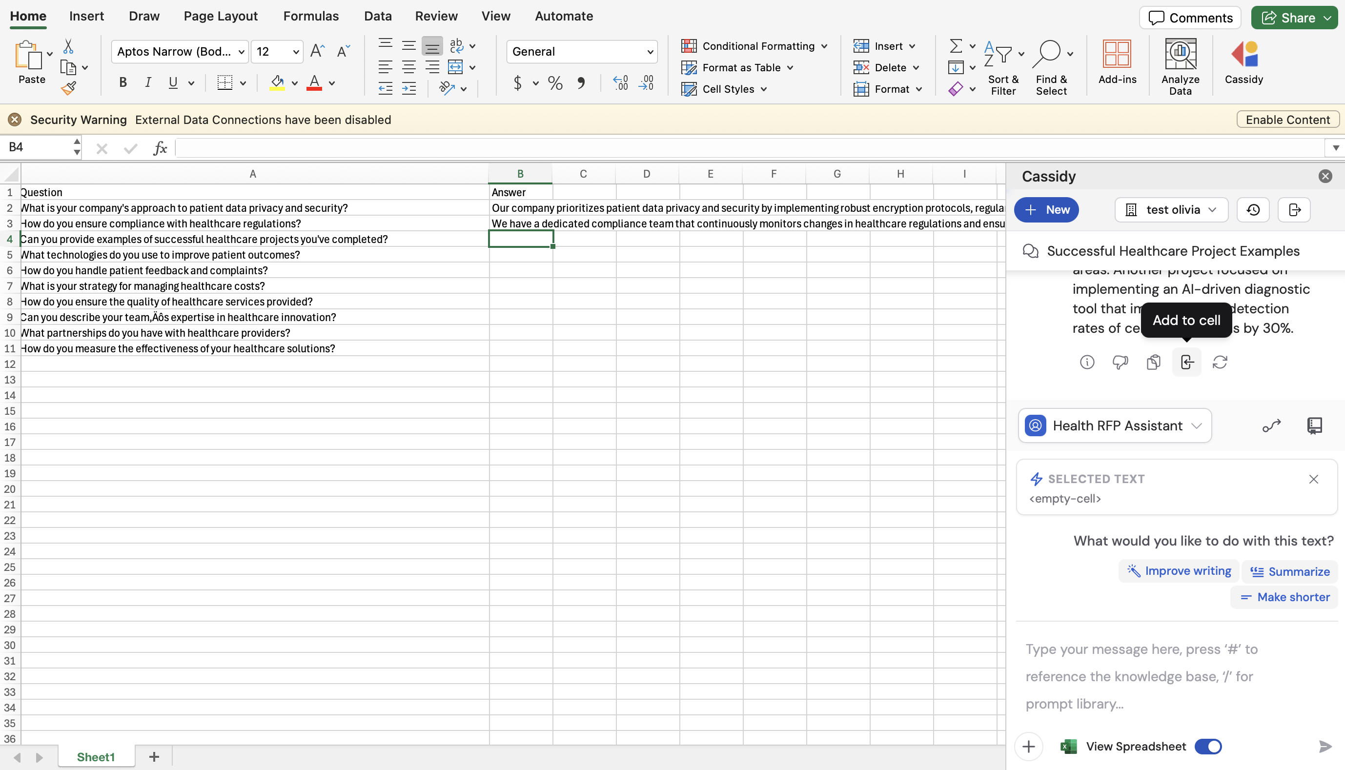 Add to Cell button in the Cassidy chat panel with the response ready to insert