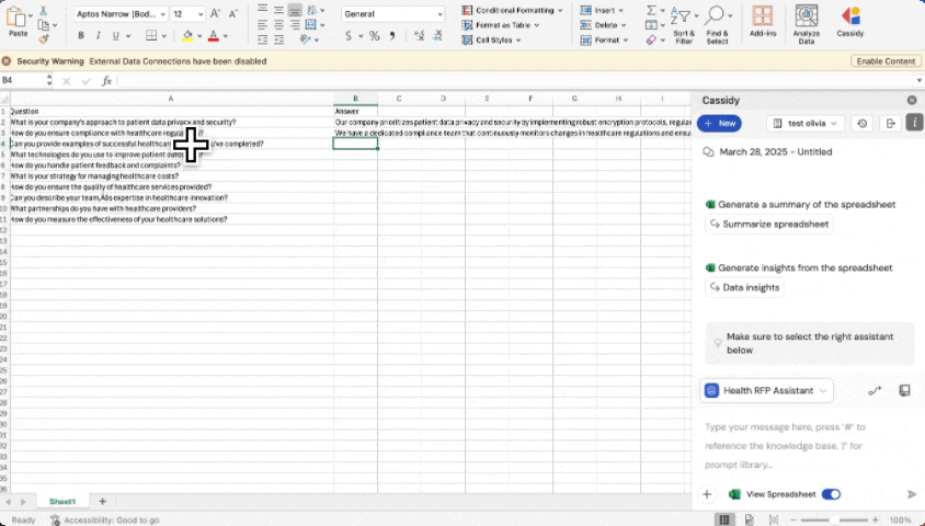 Animation showing the full flow of answering an RFP question and inserting the response into an Excel cell