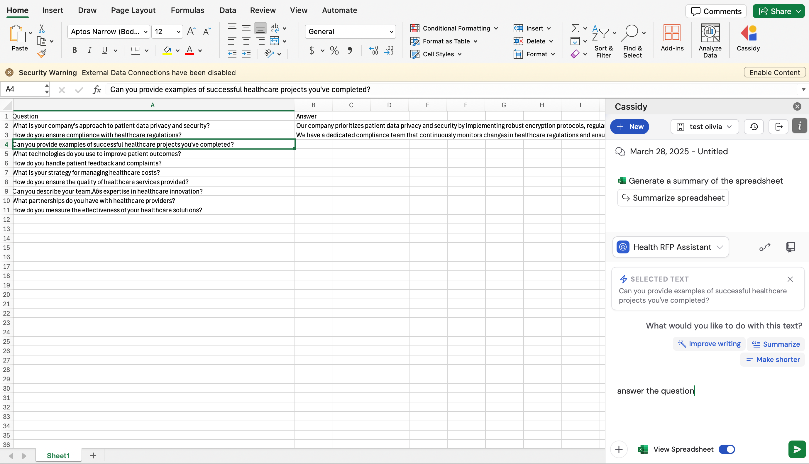 Cassidy Agent side panel in Excel with a prompt asking for an RFP answer