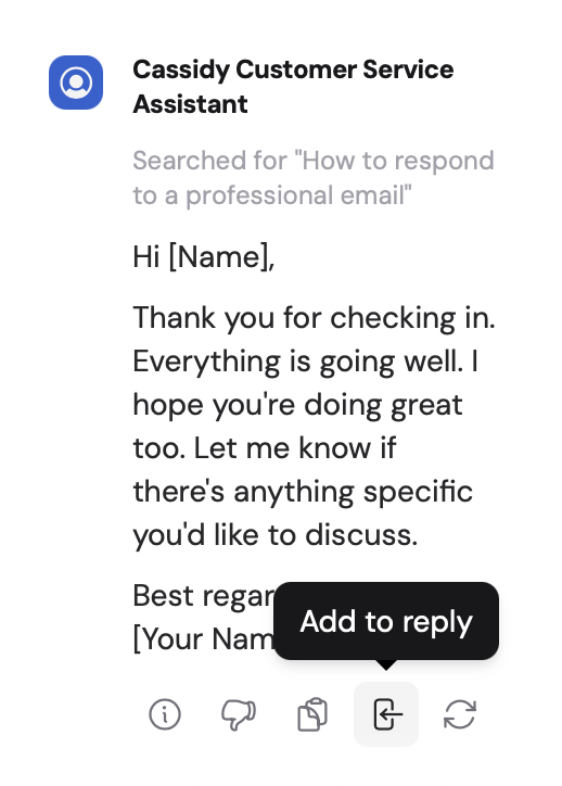 Add to Reply button in the Cassidy chat panel