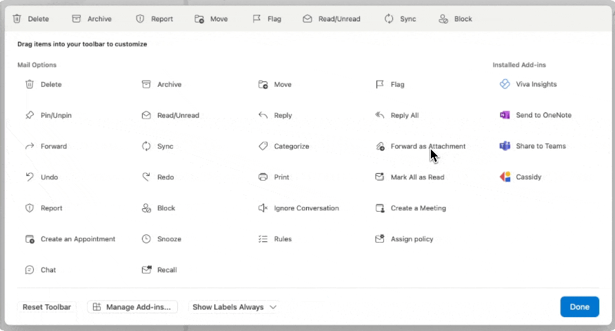 Animation showing how to pin Cassidy to the Outlook toolbar