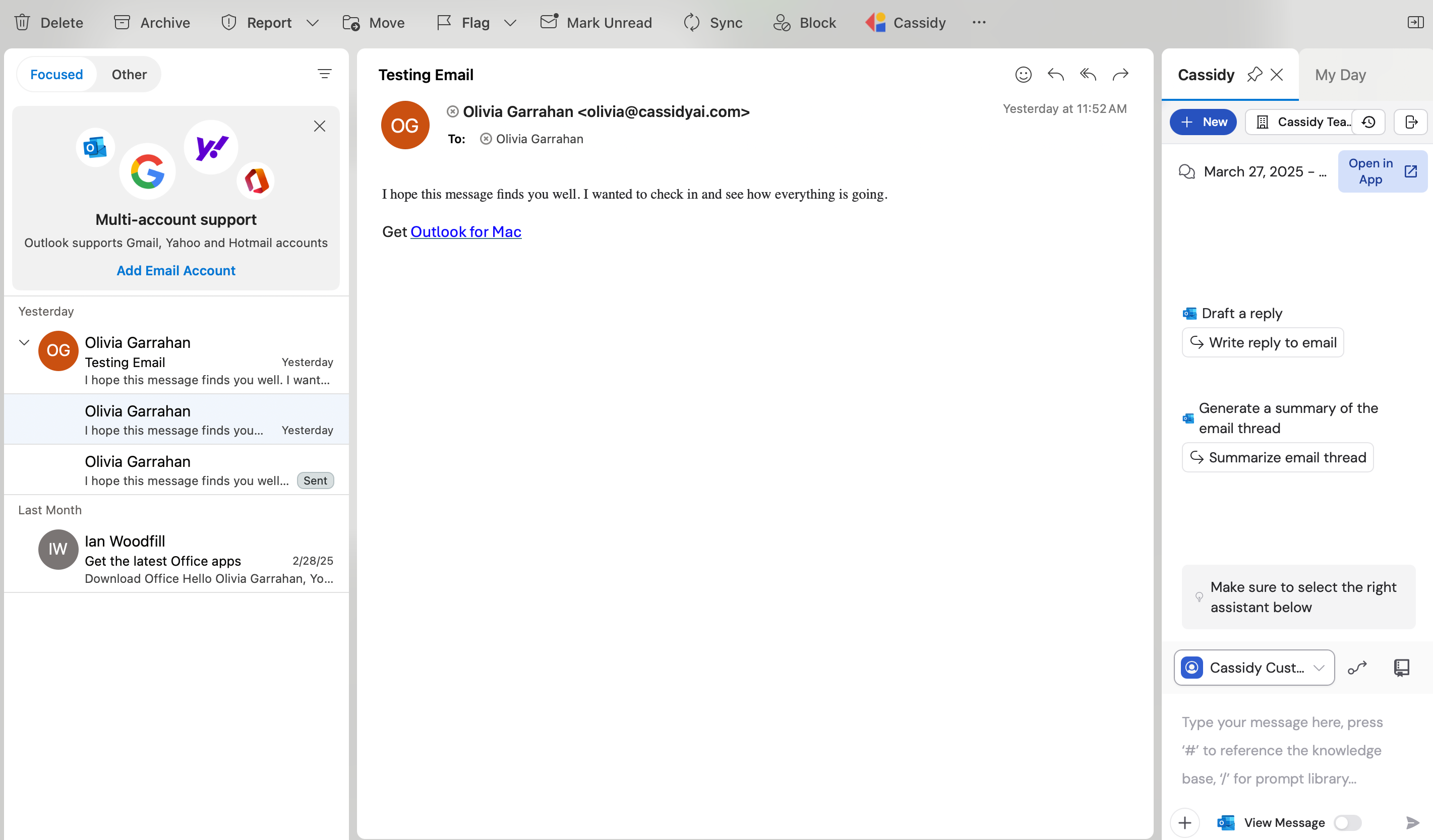 Cassidy Agent side panel open next to an email in Outlook