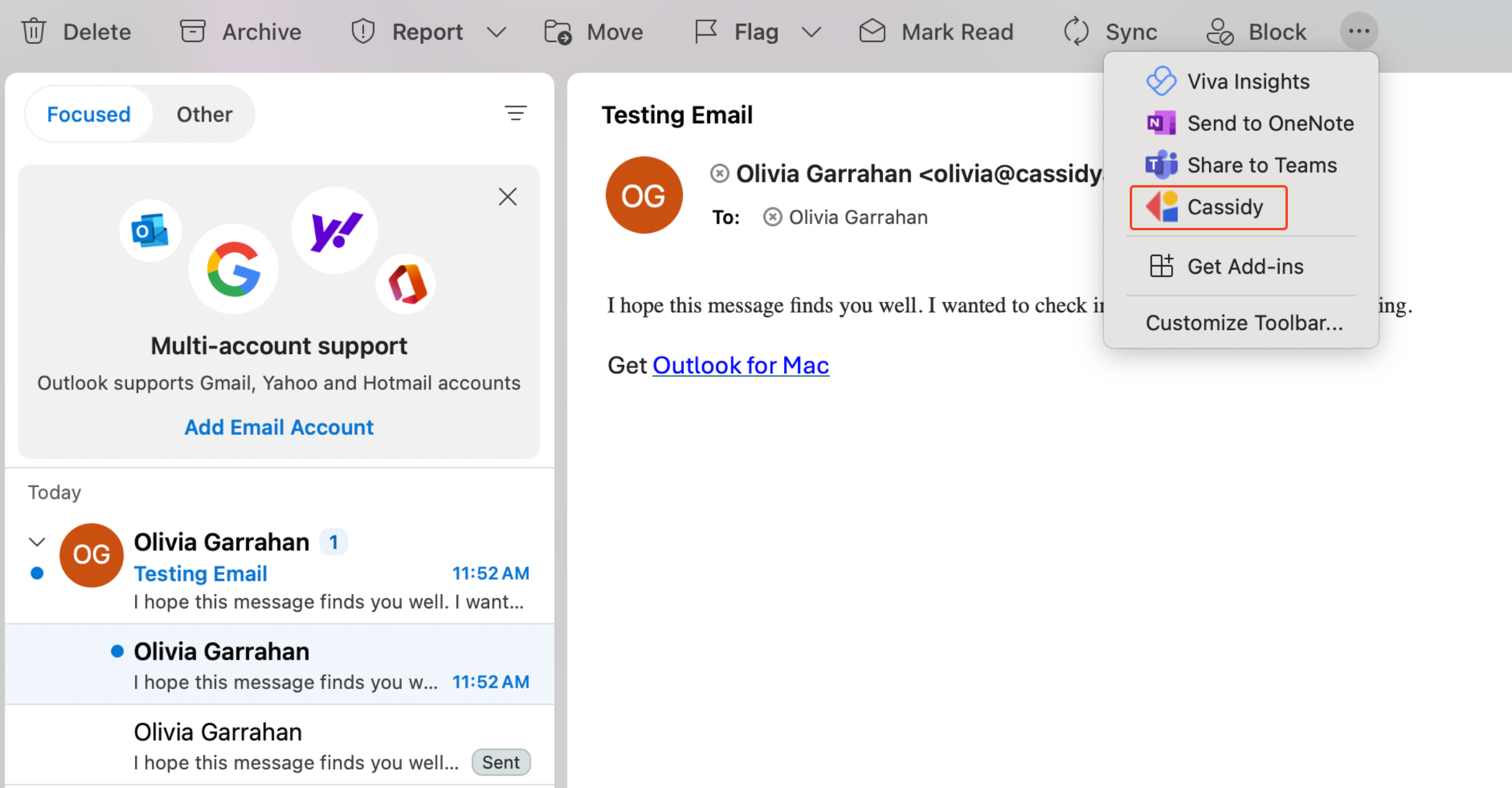 Cassidy listed in the Outlook overflow menu