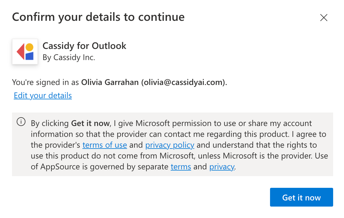 Microsoft account confirmation dialog showing user details with a Get it now button