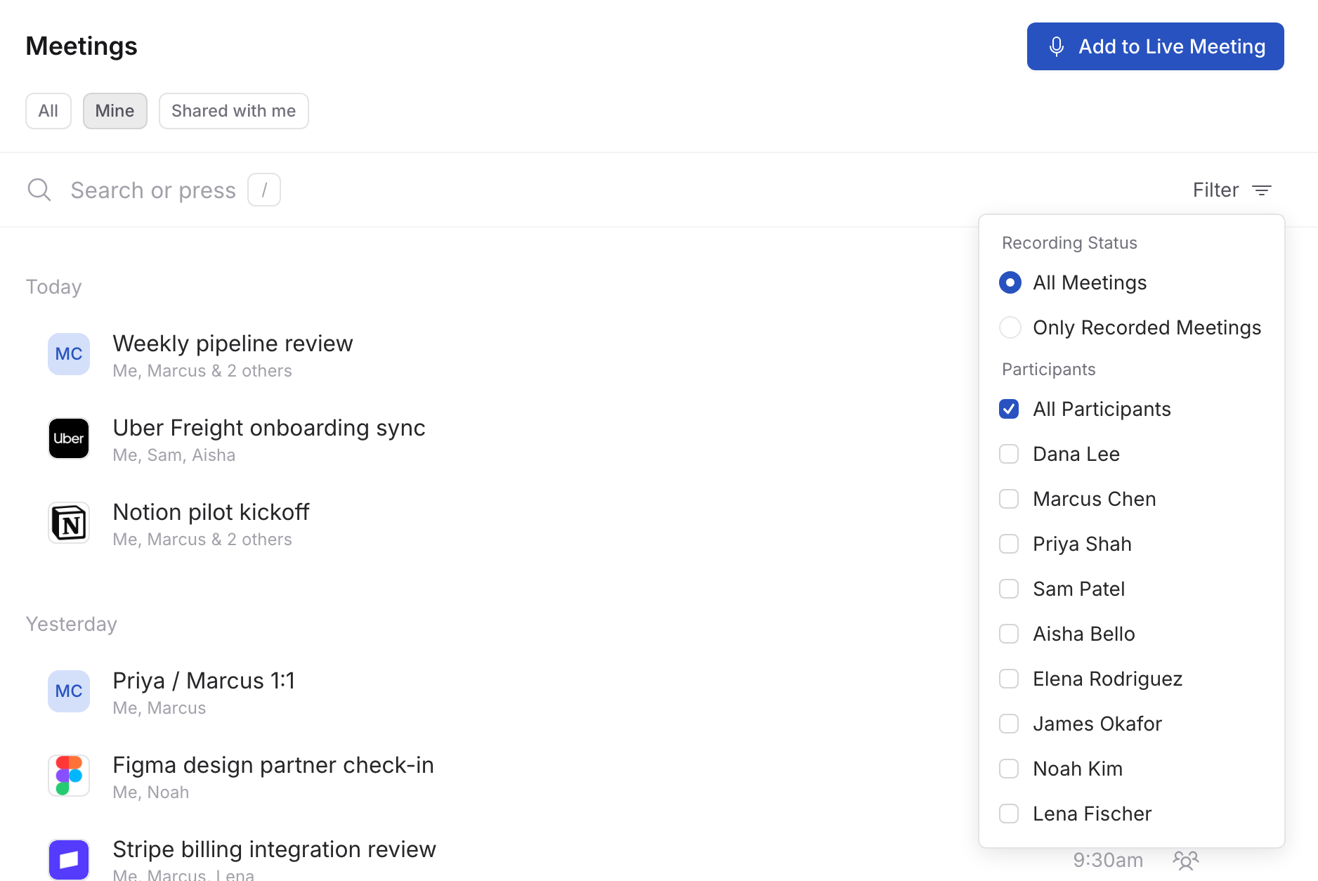 Meetings list with the filter panel open, showing recording status and participant options