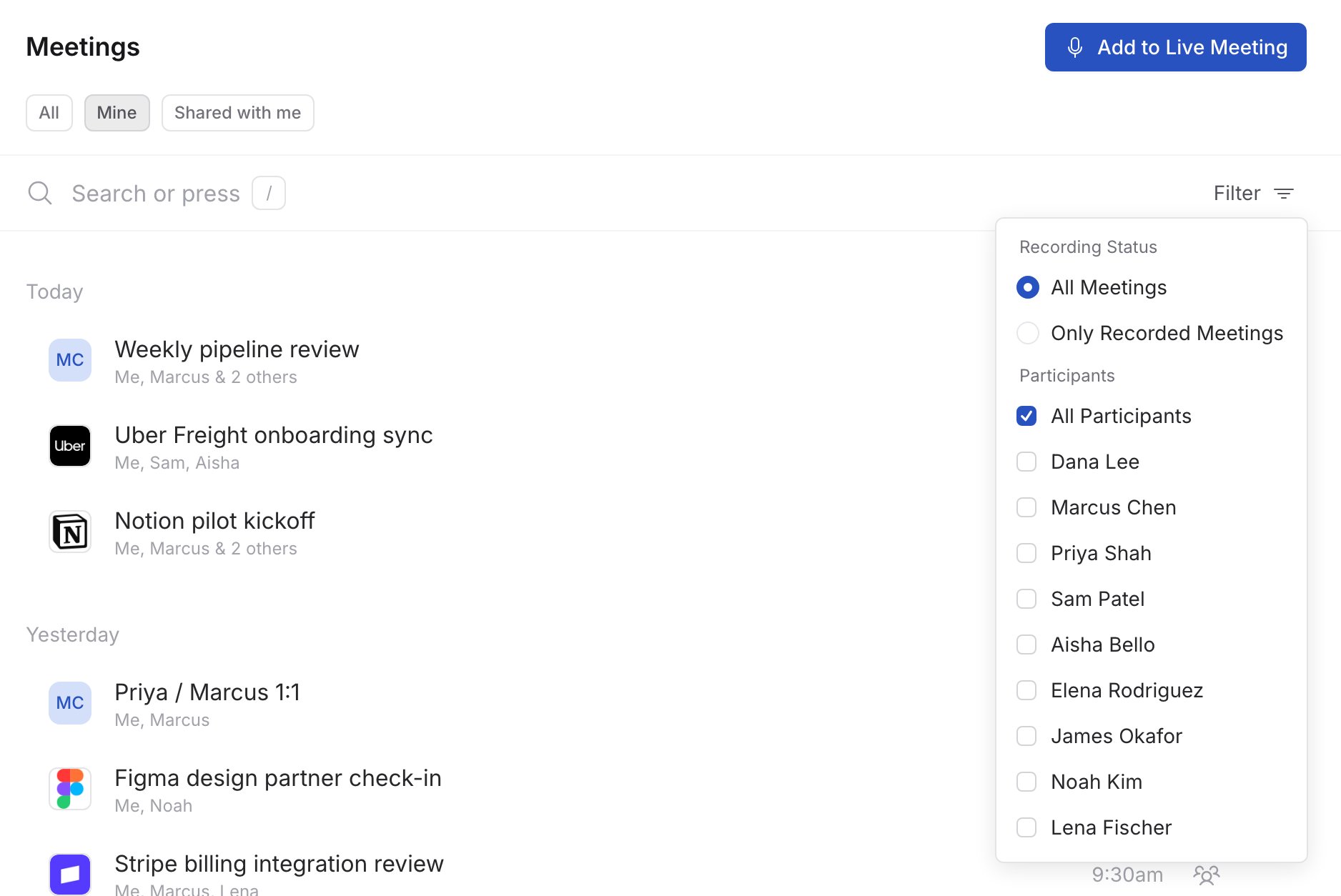 Meetings list with the filter panel open, showing recording status and participant options