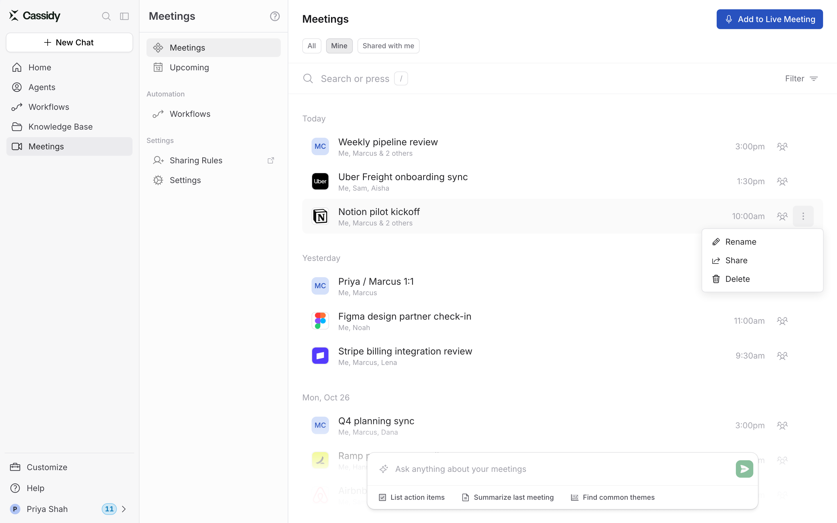 Meetings list grouped by day, with company logos and initials as avatars and the ⋮ menu open showing Rename, Share, and Delete