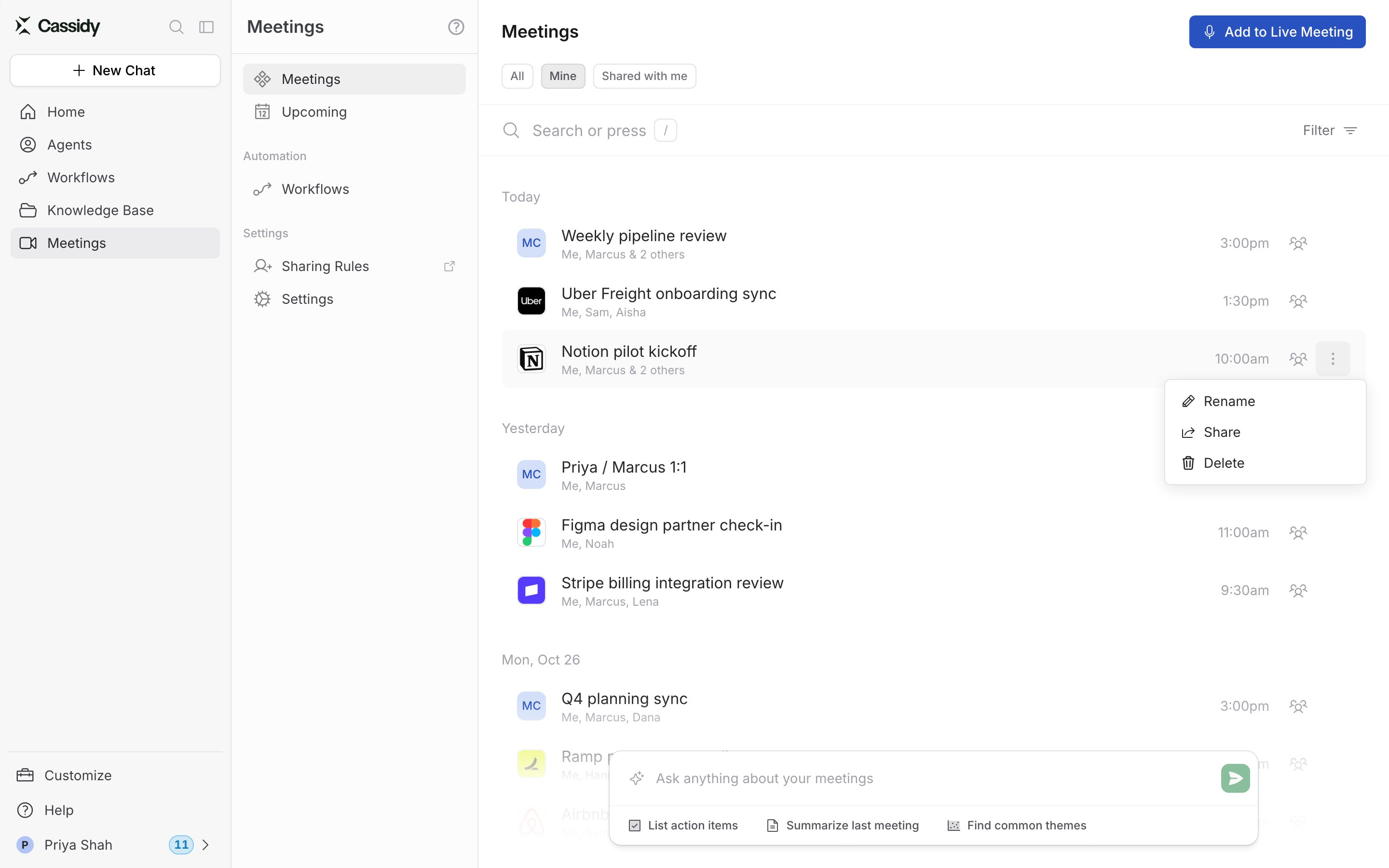 Meetings list grouped by day, with company logos and initials as avatars and the ⋮ menu open showing Rename, Share, and Delete