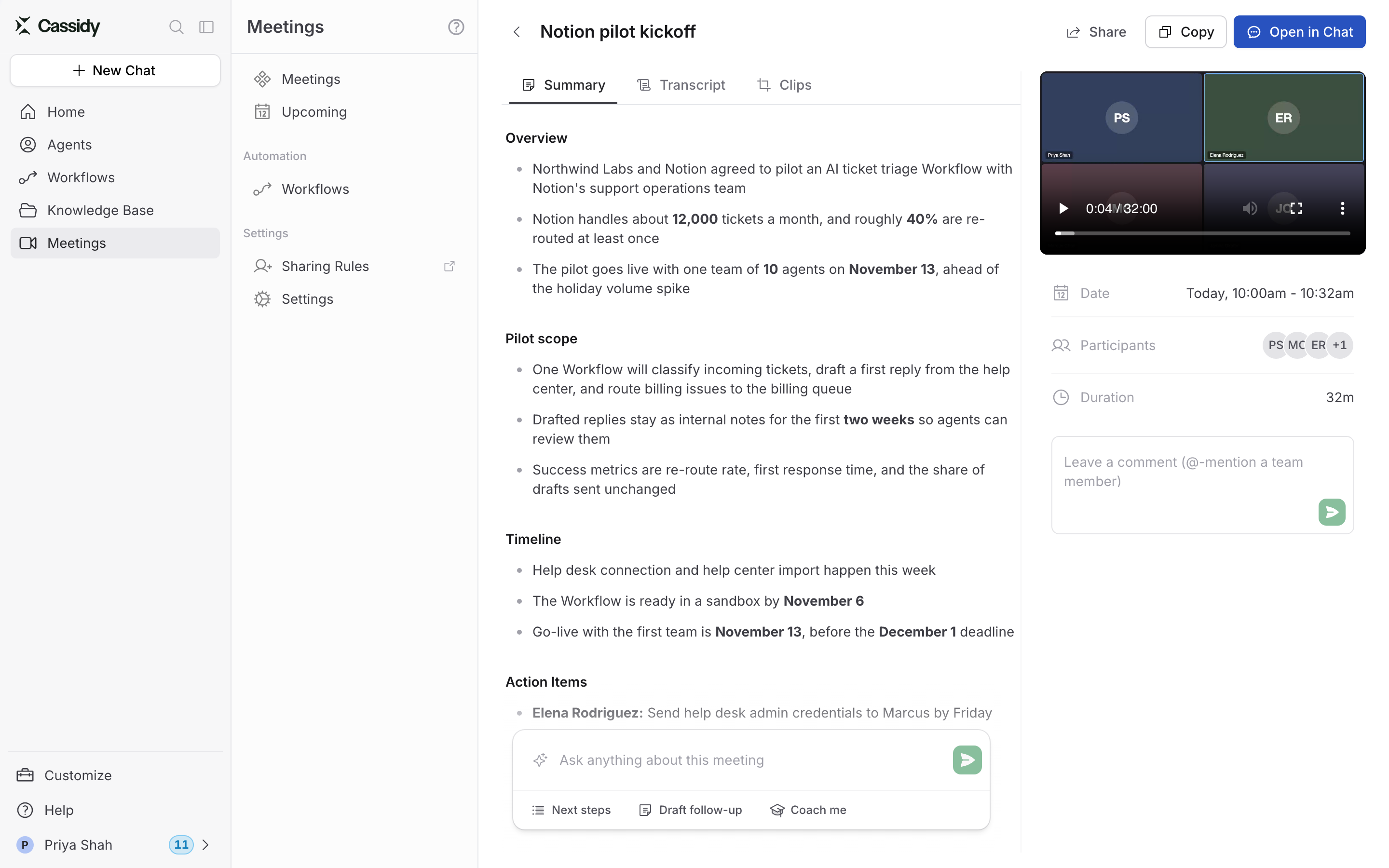 Meeting detail page with the Share button in the top right