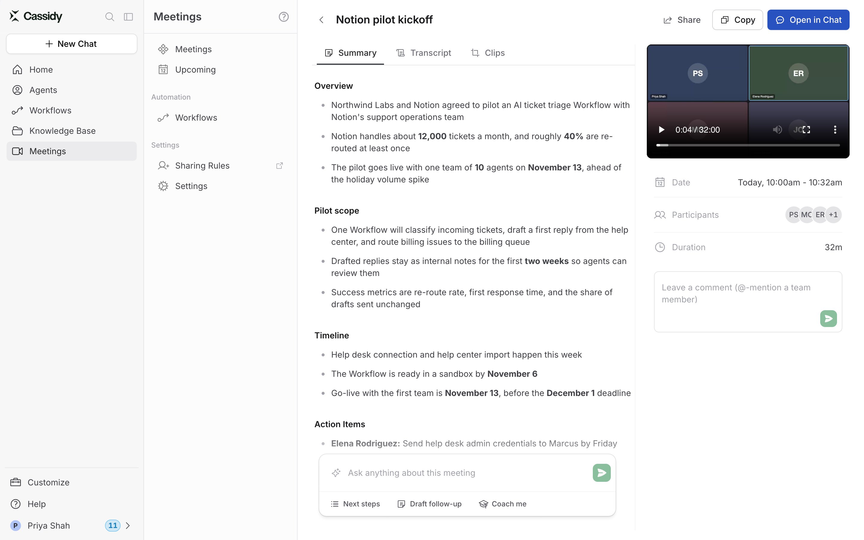Meeting detail page with the Share button in the top right