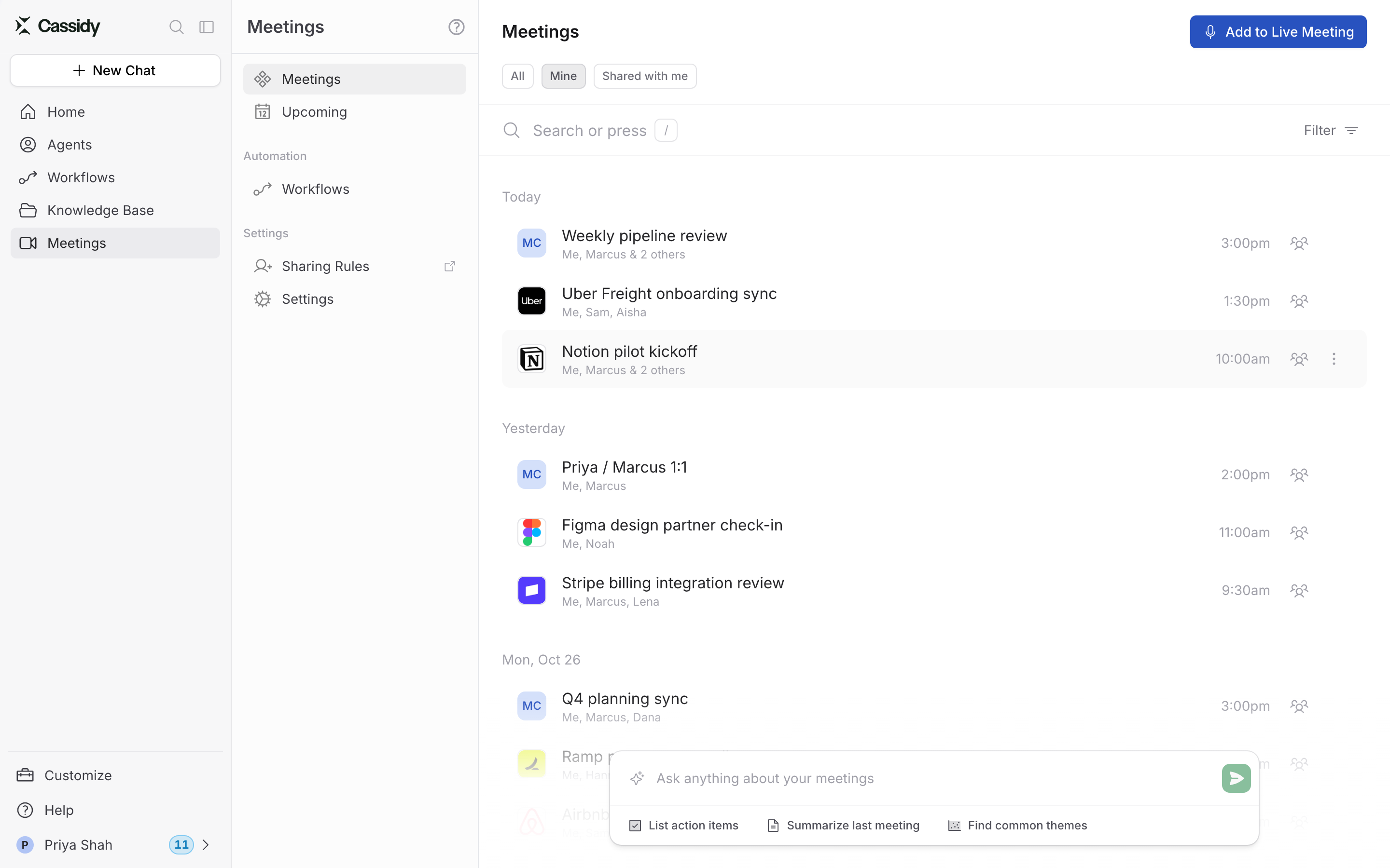 Meetings list grouped by day with the pointer over a meeting