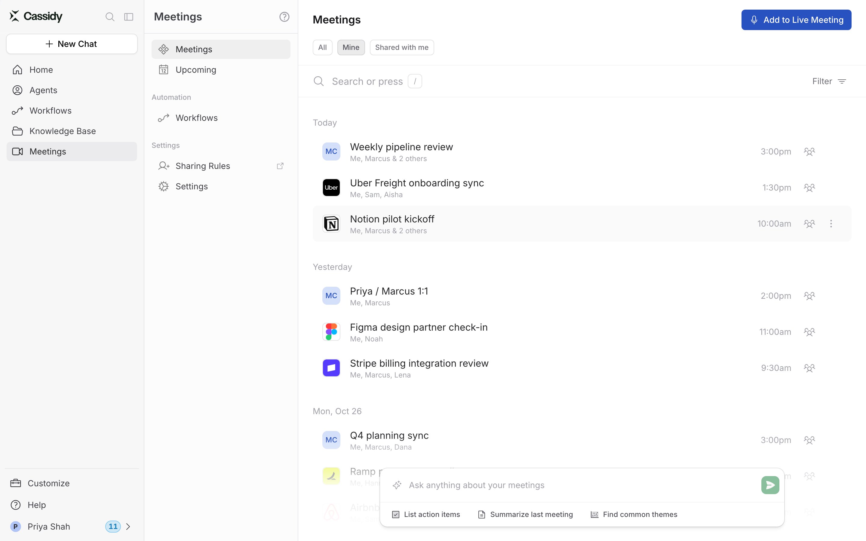 Meetings list grouped by day with the pointer over a meeting