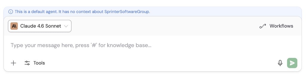 Claude 4.6 Sonnet selected as a default Agent with a banner noting it has no company context
