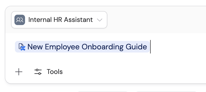 New Employee Onboarding Guide added as a Knowledge Base reference tag in the chat text box