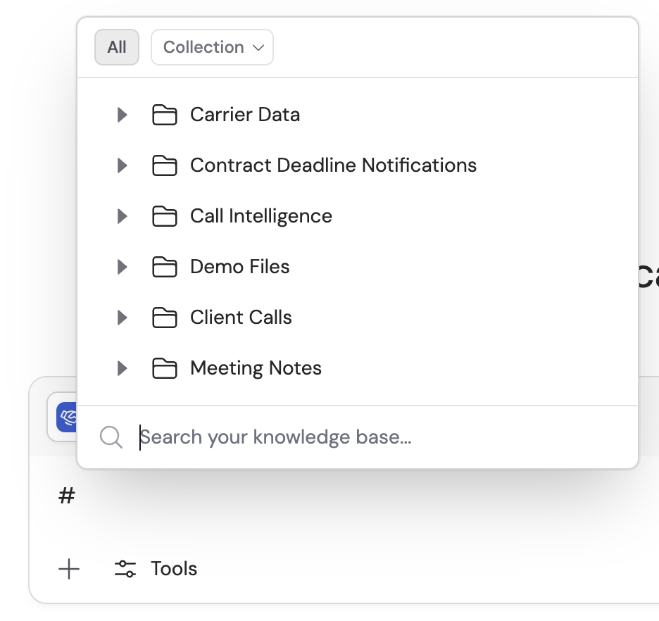Knowledge Base reference dropdown showing folders like Carrier Data, Call Intelligence, and Meeting Notes