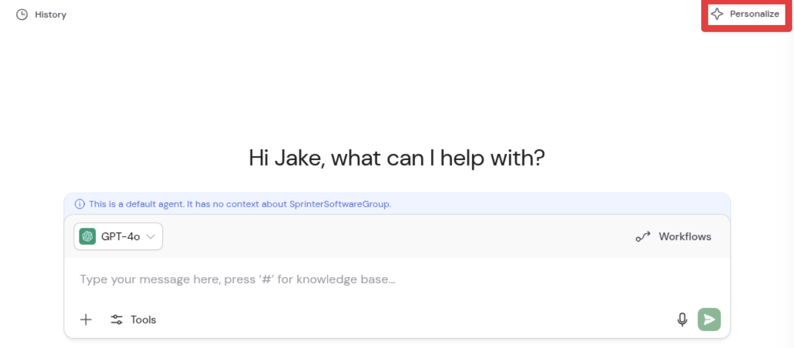 Personalize button in the top-right corner of the new chat screen