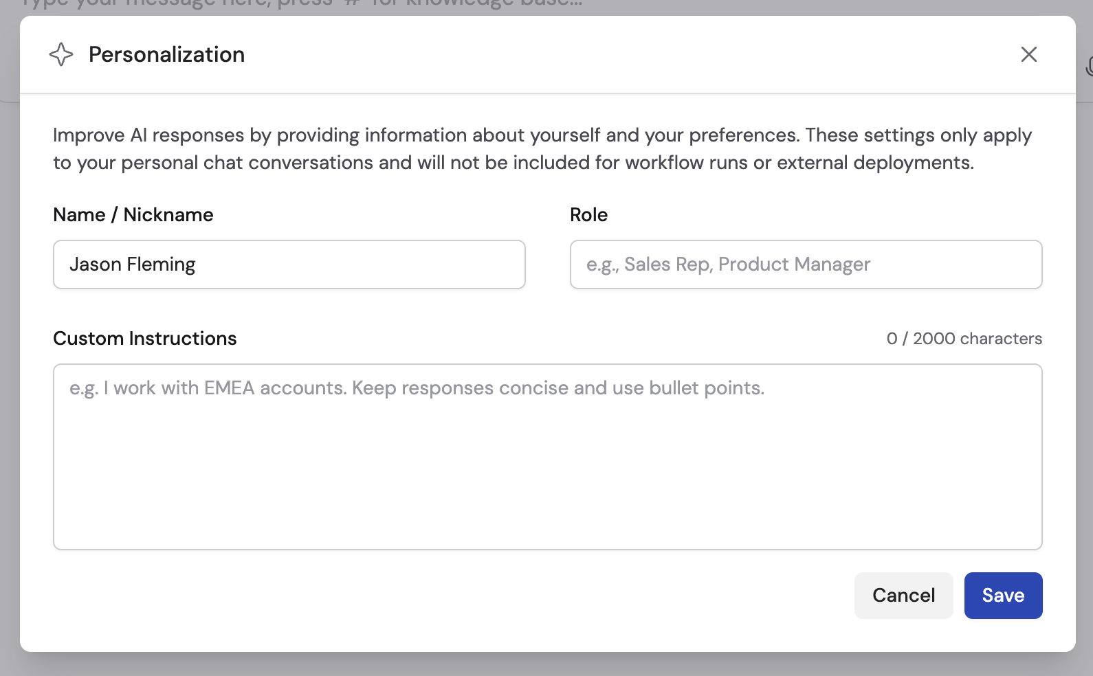 Personalization modal showing Name, Role, and Custom Instructions fields