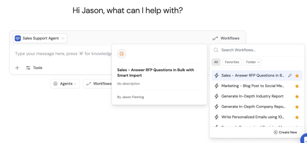 Workflows menu showing a list of Workflows including Sales RFP, Marketing Blog Post, and Generate In-Depth reports