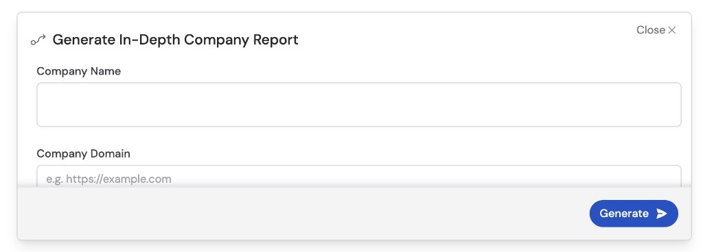 Generate In-Depth Company Report Workflow form with Company Name and Company Domain fields