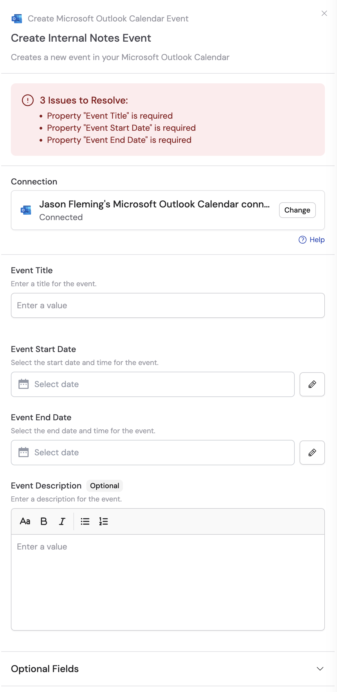 Connecting Microsoft Outlook in the action configuration