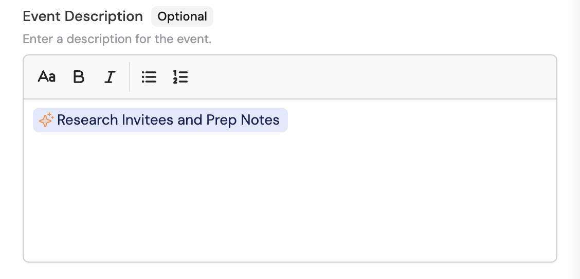 Entering an event description in the action configuration