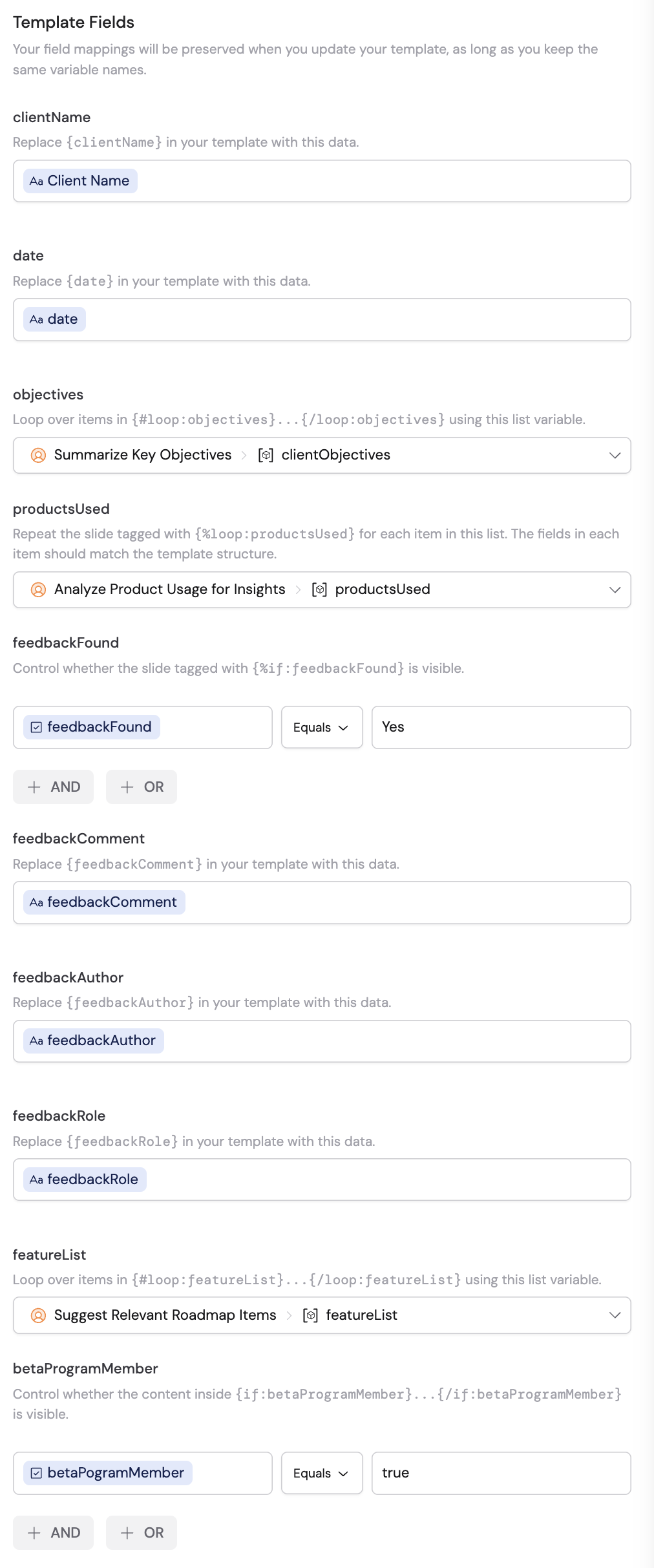 Template fields configuration with variable mappings