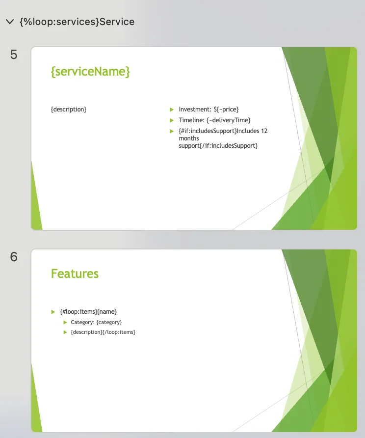 Section loop in the slide panel repeating a group of slides