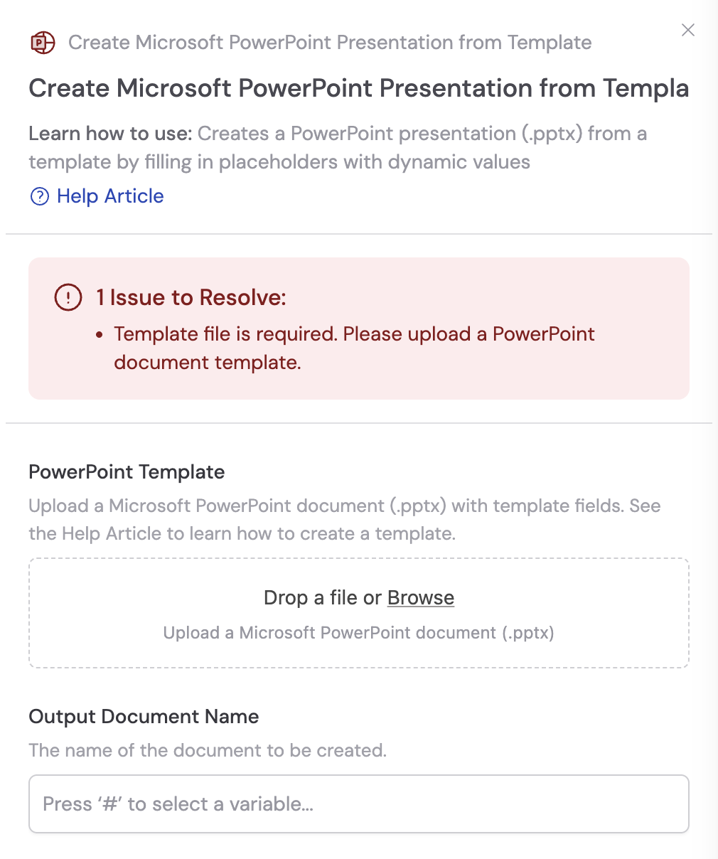 Adding the Create Microsoft PowerPoint Presentation from Template action between blocks
