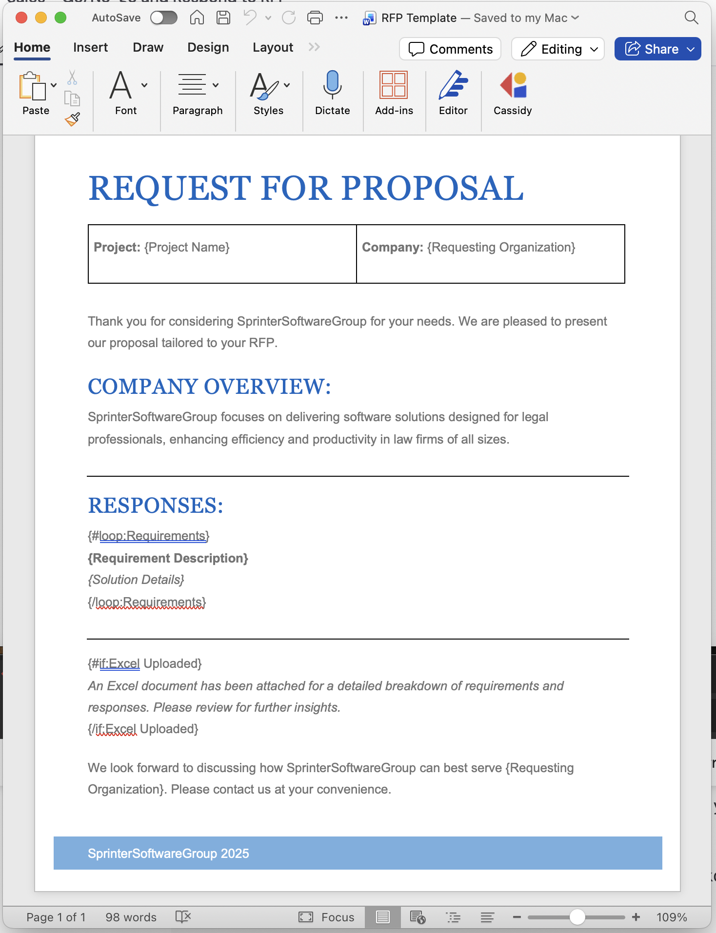 Word template with placeholder syntax examples