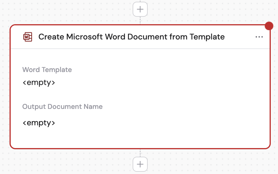 Action library with Create Microsoft Word Document from Template selected