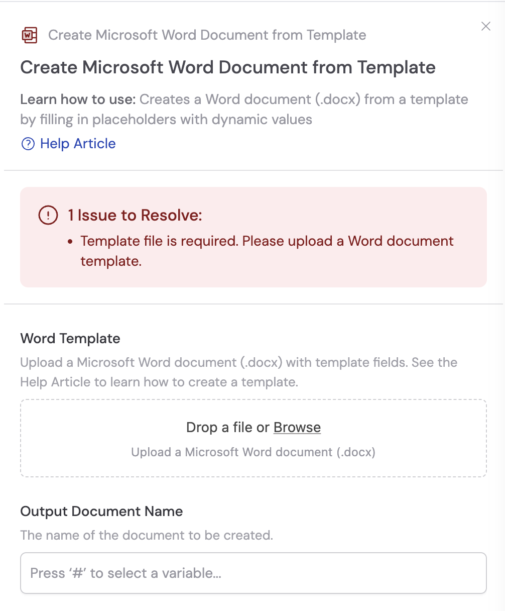 Adding the Create Microsoft Word Document from Template action between blocks