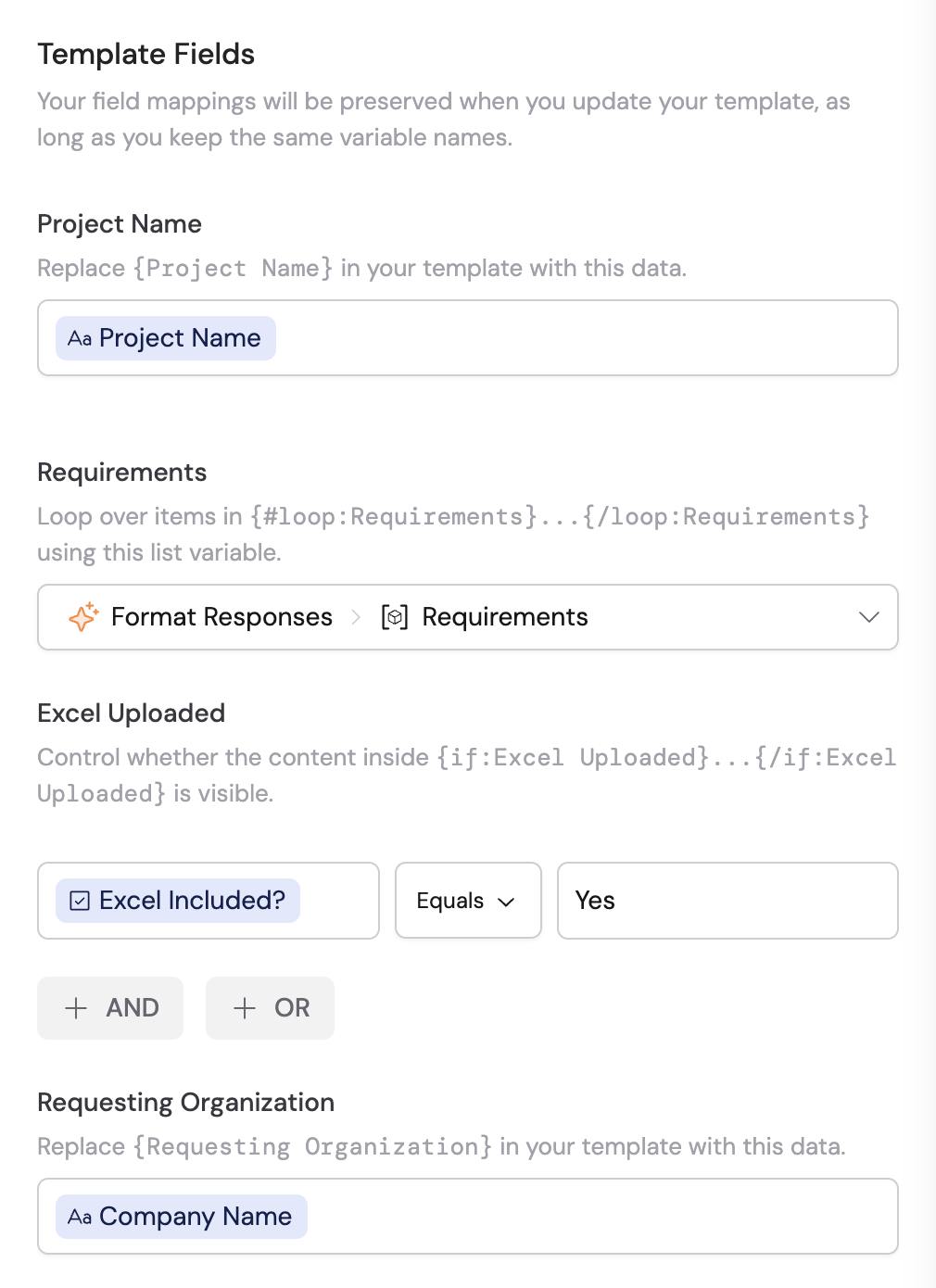 Template fields configuration with variable mappings