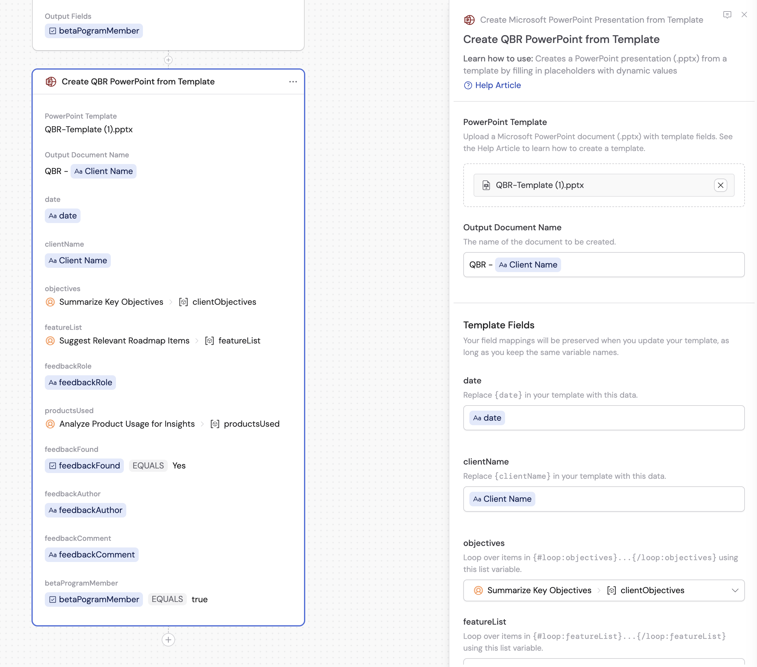 Template action with uploaded PPTX template and variable mappings
