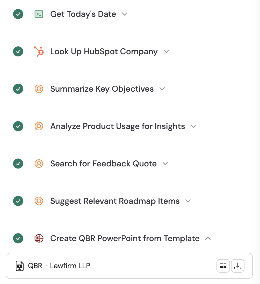 A branded PowerPoint template being filled by a Workflow