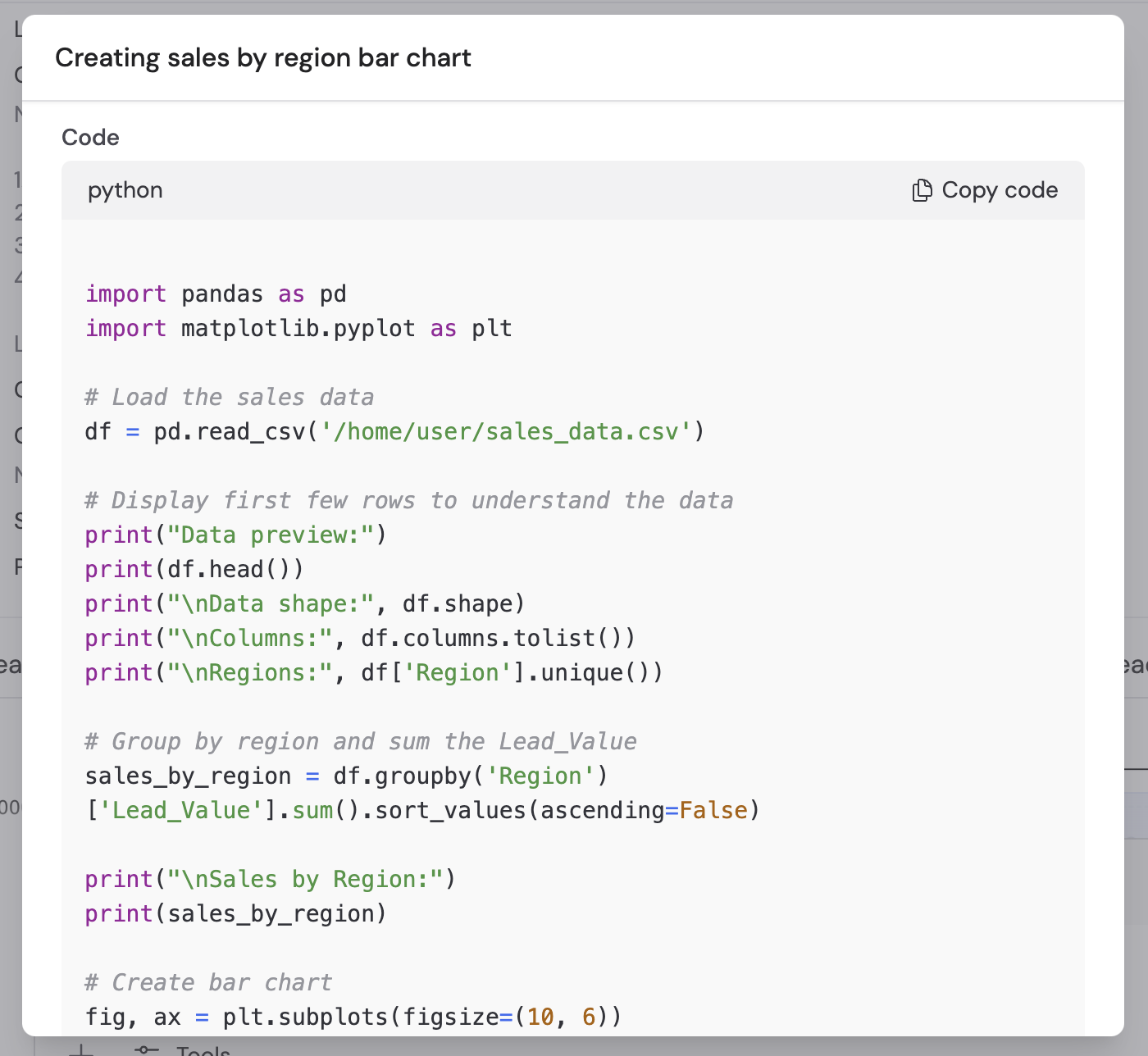 Python code modal showing the data analysis logic