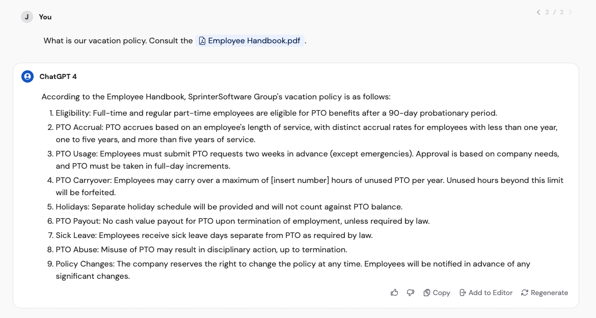 Response version navigation arrows on an Agent message