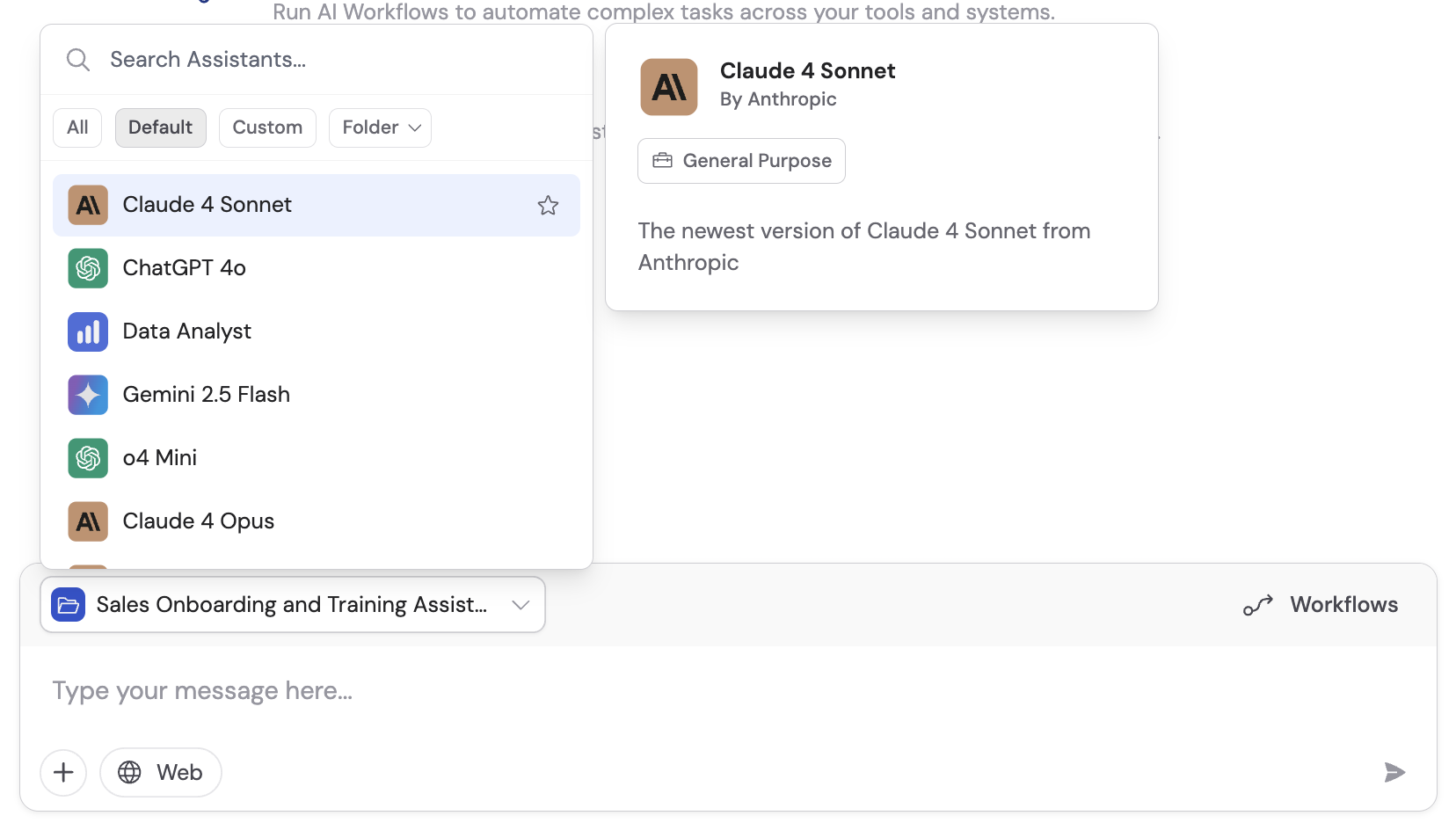 Model selector dropdown in the Chat interface