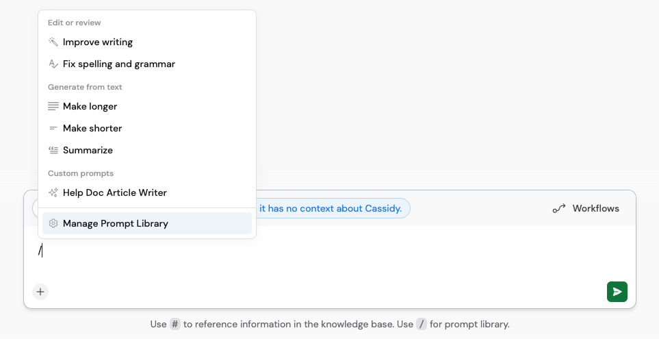 Slash command menu showing the Manage prompt library option