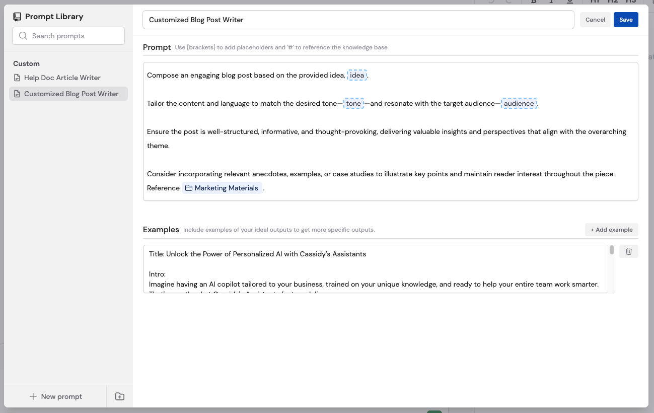 Prompt editor showing placeholders, Knowledge Base references, and example outputs
