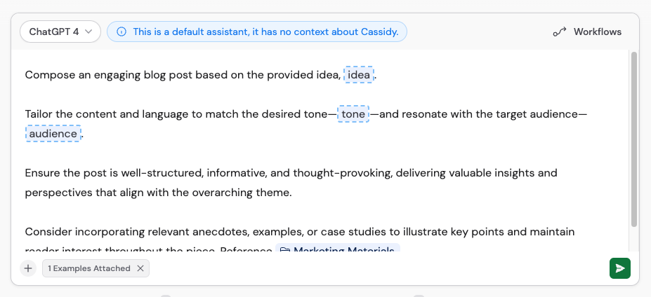 Custom prompt inserted into the chat with placeholders highlighted