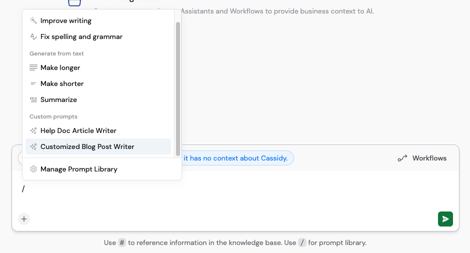 Prompt menu showing default and custom prompts