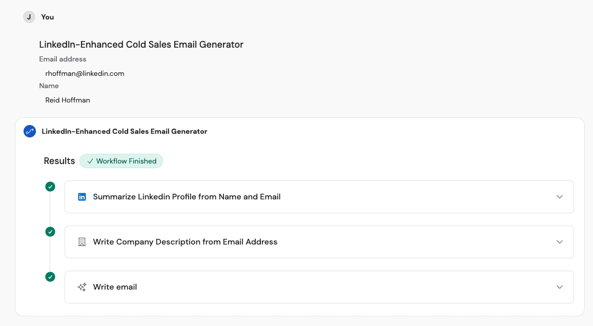 Workflow results displayed within a chat conversation