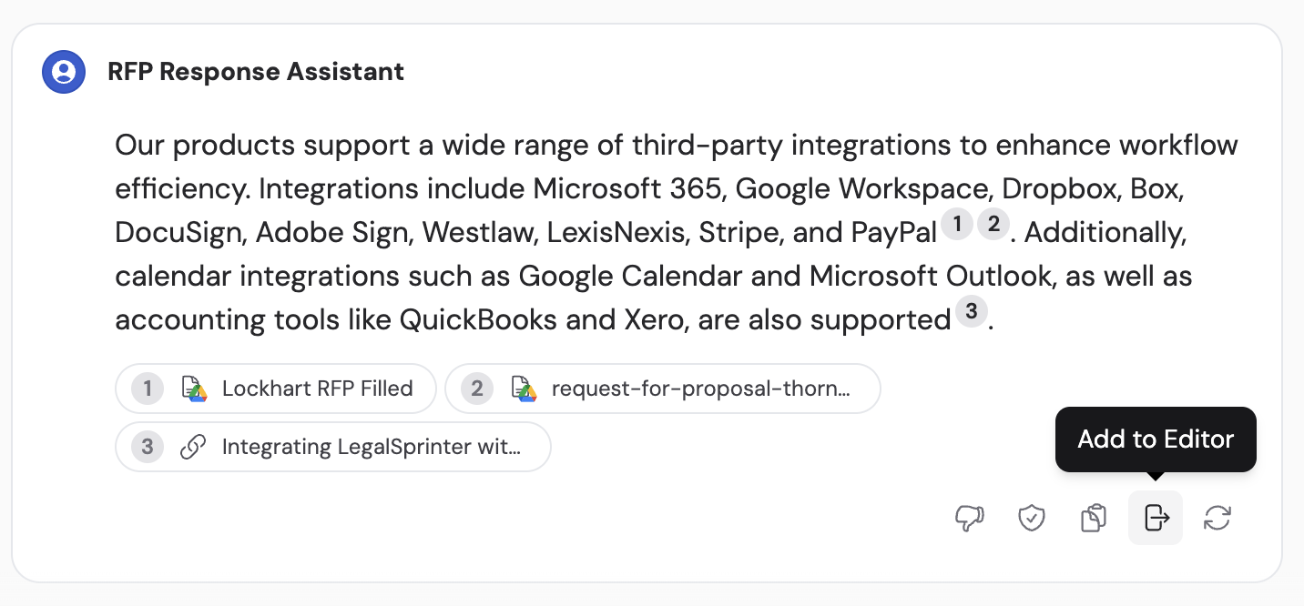 Add to Editor button on an Agent response